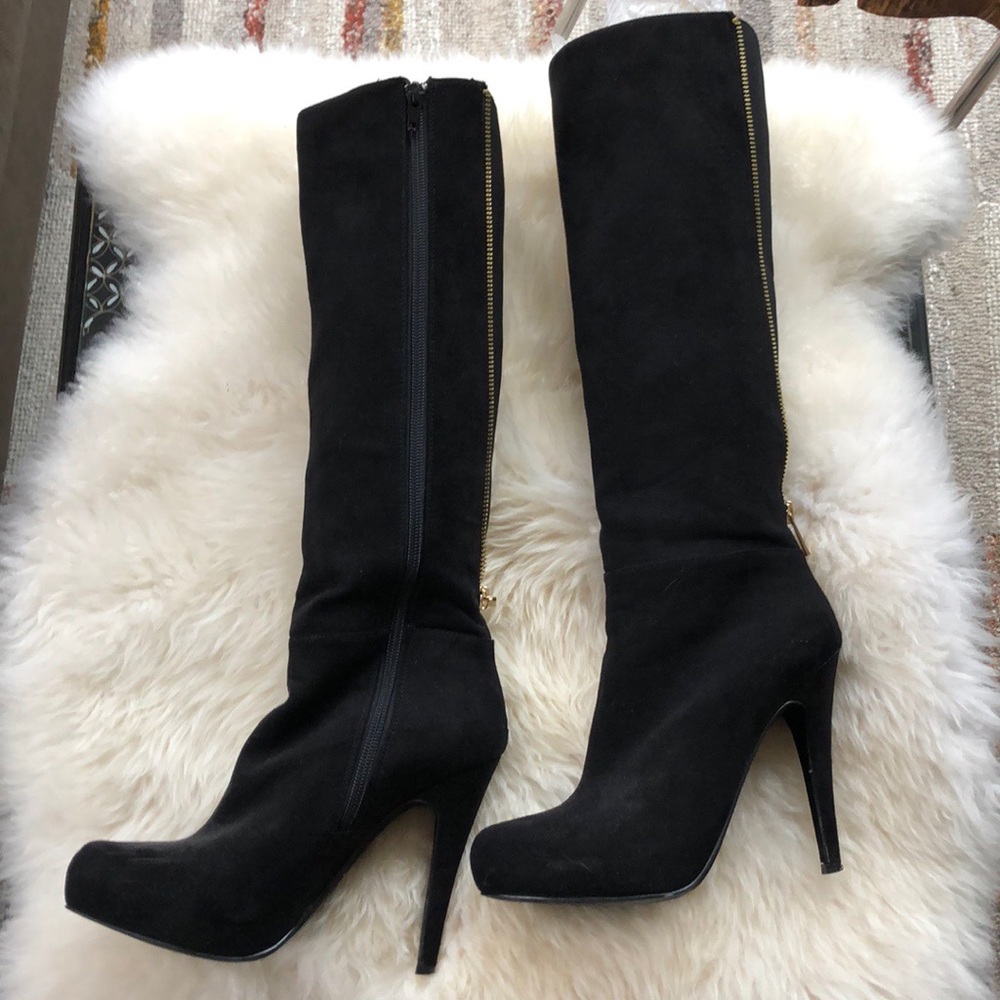 Aldo Black Suede Boot with Gold zipper detail